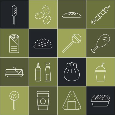 Tavuk nugget, Milkshake, bacak, ekmek, tortilla, Doner kebap, kızarmış sosis ve lolipop ikonu. Vektör