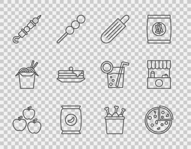 Apple, Pizza, Fransız hot dog, Poşet veya patates cipsi, ızgara şiş kebap, gözleme yığını paket kutusunda tavuk budu ve tente ikonlu sokak tezgahı. Vektör