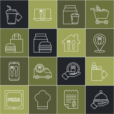 Bir tepsi yemekle çevrimiçi sipariş ve teslimatla, Cafe restoranının konumuyla, hamburgerle, kahve fincanıyla kaplanmış. Vektör