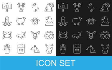 Set line Hippo or Hippopotamus, Owl bird, Eagle head, Snake, Sheep, Octopus, Zoo park and  icon. Vector clipart