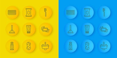 Diş macunu tüpü, lastik pompa, çeşmeli lavabo, sabun, saç fırçası, diş fırçası ve ıslak mendil ikonu. Vektör