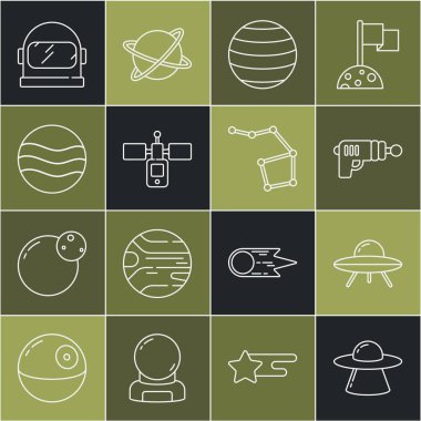 UFO uçan uzay gemisi, ışın silahı, Venüs gezegeni, uydu, astronot miğferi ve Büyük Ayı takımyıldızı ikonu. Vektör