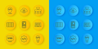 Satır Web ve grafik tasarımı, Renk palet rehberi, Mobil Uygulamalar, Önuç geliştirme, UI UX, Sitenin haritası ve Bulut bilgisayar kilidi ikonu. Vektör