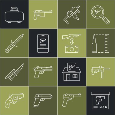 Askeri cephane kutusu, hafif makineli tüfek M3, Kurşun, MP9I alt makine, Dükkan silahı mobil uygulaması, bıçak, silah çantası ve saldırı tüfeği ikonu alınıyor. Vektör