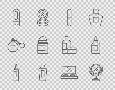 Krem ya da losyon kozmetik tüpü, yuvarlak makyaj aynası, tırnak törpüsü, şampuan şişesi, terleme önleyici deodorant rulo, makyaj tozu ve ikon. Vektör