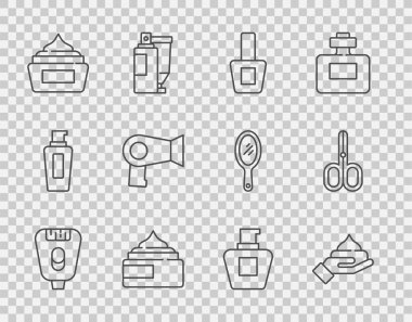 Epilatör, krem losyon kozmetik tüpü, tırnak cilası şişesi, saç kurutma makinesi ve makas simgesini ayarla. Vektör