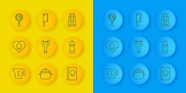 Ölçme kabı, Şef şapkası, sebze soyacağı, yemek kitabı, Pepper, kızartma tavasında kızarmış yumurta, Grater ve Meat Chopper ikonu. Vektör