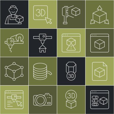 Satır 3D yazıcı, Isometric küp dosyası, tarayıcı, ev, grafik tasarımcı ve simge ayarla. Vektör