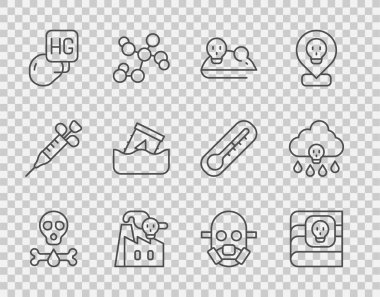 Kemikler ve kafatası, Zehirler hakkında kitap, Deneysel fare, Fabrikadan duman, Civa damlası, varilde radyoaktif atık, Gaz maskesi ve Asit yağmur ikonu. Vektör