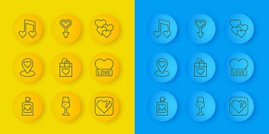 Parfüm, kalbinin olduğu yer, alışveriş torbası, kırık ya da boşanma, Kalp, müzik notası, ton kalp ve kadın cinsiyet sembolü ikonu. Vektör