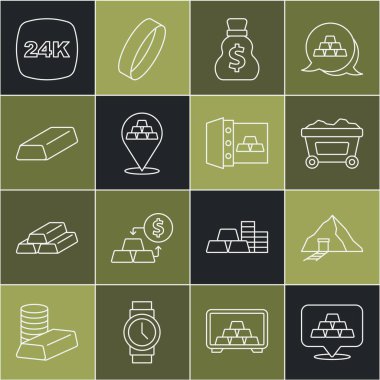 Altın külçeleri, maden ocağı, altın dolu maden arabası, eski para çantası, 24 bin dolar ve kasa ikonu. Vektör
