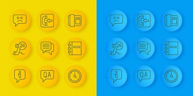 Hat Bilgileri, Telefon 24 saat desteği, Konuşma balonu sohbeti, Saat, Not Defteri, Üzgün gülümseme, cep telefonu ve Gelen Arama simgesi. Vektör