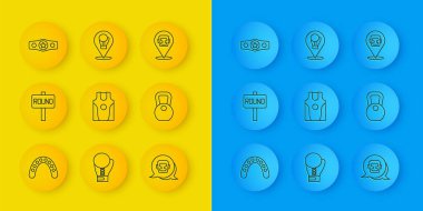 Gardiyan boksör, boks ringi, forma ve tişört, miğfer, ağırlık, kemer ve eldiven ikonu. Vektör