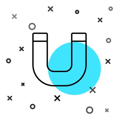 Beyaz arkaplanda siyah çizgi mıknatısı simgesi izole edildi. At nalı mıknatısı, manyetizma, manyetizma, çekim. Rastgele dinamik şekiller. Vektör.