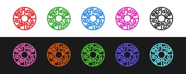 Siyah ve beyaz arka planda izole edilmiş hap kapsülü ikonunun vitamin kompleksini ayarla. Sağlıklı bir yaşam tarzı. Vektör.