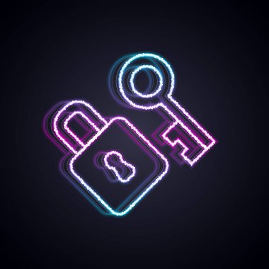 Siyah arkaplanda anahtar simgesi izole edilmiş parlayan neon hattı kilidi. Aşk sembolü ve anahtar deliği işareti. Vektör.