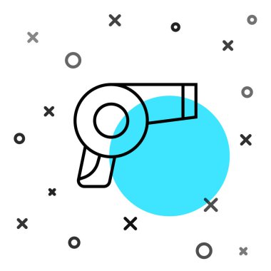 Siyah çizgi saç kurutma ikonu beyaz arkaplanda izole edildi. Saç kurutma makinesi tabelası. Saç kurutma sembolü. Sıcak hava üflüyor. Rastgele dinamik şekiller. Vektör