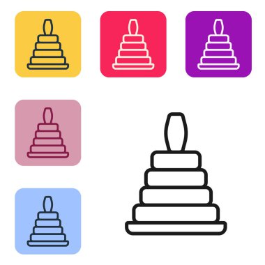 Siyah çizgi piramit oyuncak ikonu beyaz arkaplanda izole edildi. Renkli kare düğmelerle simgeleri ayarla. Vektör