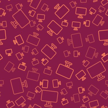 Kahverengi çizgi bilgisayar ekranı simgesi kırmızı arkaplanda izole edilmiş pürüzsüz desen. Elektronik cihaz. Ön manzara. Vektör