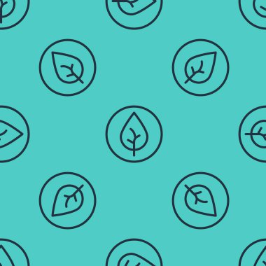 Black line Tea leaf icon isolated seamless pattern on green background. Tea leaves.  Vector