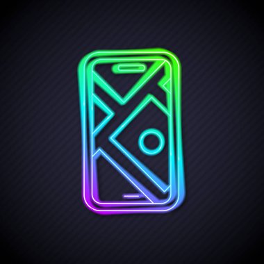 Şehir haritası yön bulma simgesinin parlayan neon hattı bilgileri siyah arkaplanda izole edildi. Mobil Uygulama Arayüzü tasarımı. Coğrafi konsept. Vektör