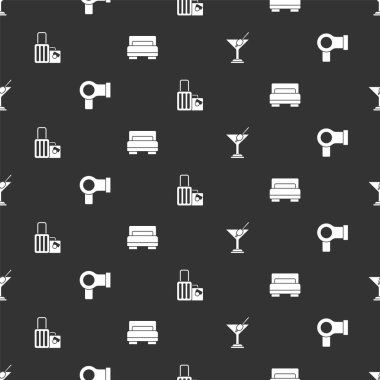 Martini bardağını, saç kurutma makinesini, bavulu ve otel odasını kusursuz bir şekilde ayarla. Vektör