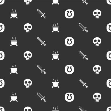 Hayatı, Kafatası 'nı, Cadı Kazanı' nı ve Ortaçağ kılıcını kusursuz düzene sokun. Vektör