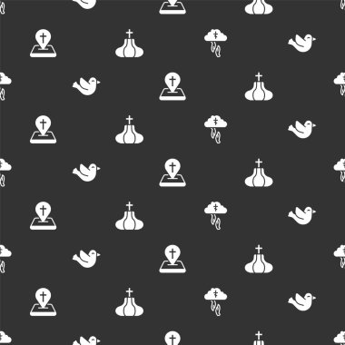 Tanrı 'nın yardım elini, güvercini, konum kilise binasını ve kilise kulesini kusursuz bir düzene sokun. Vektör