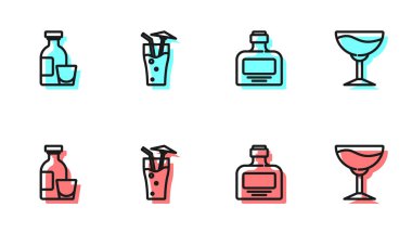 Viski şişesi, alkol, rom, kokteyl ve şarap bardağı ikonu. Vektör.