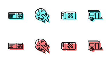 Set hattı uçak bileti, uçan uçakla Globe ve karavan ikonu. Vektör