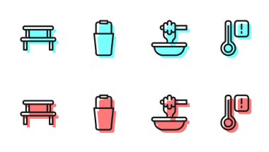 Ballı şeker çubuğu, sauna ahşap bank, kova ve termometre ikonu. Vektör
