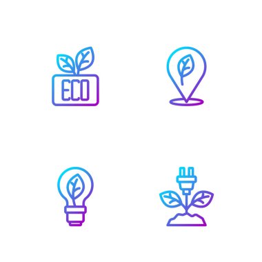 Elektrik tasarruf prizini yaprağa, ampulü Konum ve Yaprak Çevre sembolü ile ayarla. Renk simgeleri. Vektör