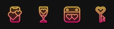 Takvimi kalple ayarla, internetteki uygulamalarla buluş, bir kadeh şampanya ve anahtar şeklinde. Parlayan neon ikonu. Vektör