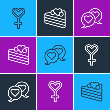 Dişi cinsiyet sembolü, konuşma balonunda kalp ve düğün pastası ikonu. Vektör