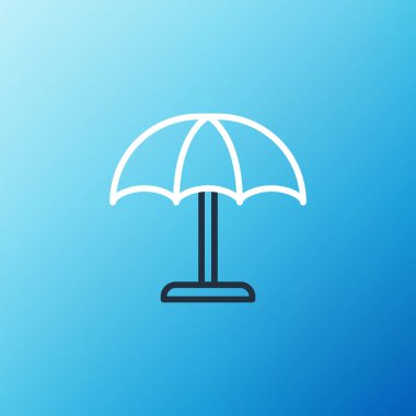 Plaj ikonu için Line Sun koruyucu şemsiye mavi arkaplanda izole edilmiş. Açık alan için büyük bir şemsiye. Plaj şemsiyesi Renkli taslak konsepti. Vektör