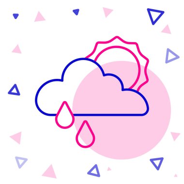 Yağmur ve güneş ikonuna sahip çizgi bulutu beyaz arka planda izole edildi. Yağmur damlaları ile yağmur bulutu yağışı. Renkli taslak konsepti. Vektör