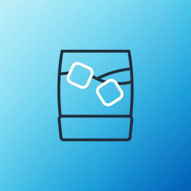 Mavi zemin üzerinde buz küpleri simgesi olan çizgili viski bardağı. Renkli taslak konsepti. Vektör