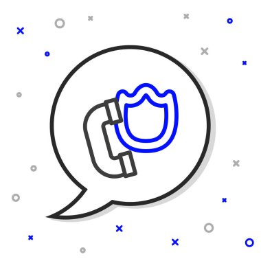 Beyaz arkaplanda güvenlik kalkanı simgesi olan hat telefonu. Telefon işareti. Renkli taslak konsepti. Vektör