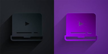 Kağıt kesiği Mor zemin üzerinde siyah üzerine izole edilmiş Online video oynatma simgesi. Dizüstü bilgisayar ve oyun işaretli film şeridi. Kağıt sanatı tarzı. Vektör.