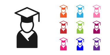 Siyah mezuniyet ve mezuniyet şapkası simgesi beyaz arka planda izole edilmiş. Simgeleri renklendirin. Vektör.