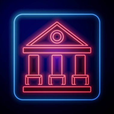 Parlayan neon adliye binası simgesi siyah arka planda izole edildi. Banka veya müze inşaatı. Vektör.