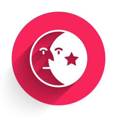 Beyaz Ay ve yıldız ikonu uzun gölgelerle izole edilmiş. Kırmızı daire düğmesi. Vektör.