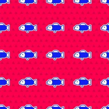 Blue Puffer fish icon isolated seamless pattern on red background. Fugu fish japanese puffer fish.  Vector clipart