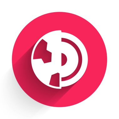 Beyaz Dünya temel yapı kabuğu ikonu uzun gölge arkaplanı ile izole edilmiş. Kırmızı daire düğmesi. Vektör