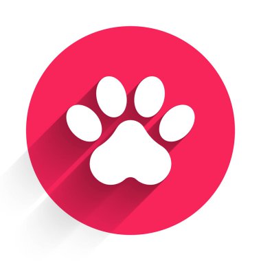 White Paw print icon isolated with long shadow background. Dog or cat paw print. Animal track. Red circle button. Vector