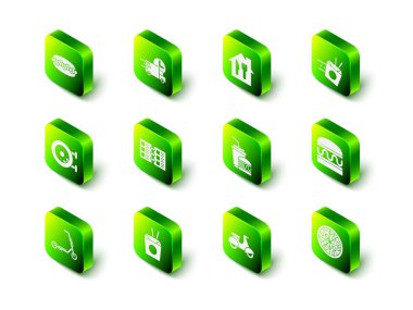 Arabayla hızlı teslimat, online sipariş ve erişte, Burger, Pizza, Paper glass burger, Scooter ve Asyalı yemek çubuğu ikonu. Vektör