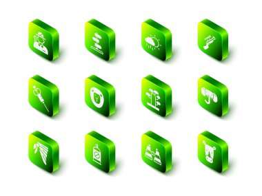 Trafik işaretini, yağmurlu bulutu, keskin nişancı tüfeği dürbünü, fil, gergedan, Afrika ağacı, dürbün ve böcek ikonuna karşı sprey kullanın. Vektör