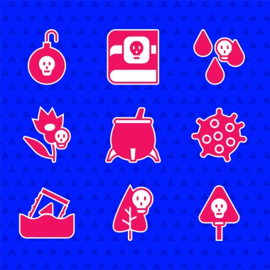 Cadı kazanı, Zehirli çiçek, Kemikler ve Kafatası, Bakteri, Fıçıdaki Radyoaktif Atık, Asit Yağmuru ve Nükleer Bomba ikonu. Vektör