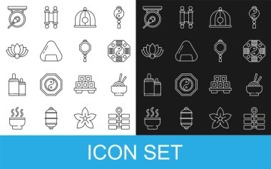 Firework dizisi, kasede Asya eriştesi, Yin Yang, Çin şapkası, Sushi, Lotus çiçeği, Gong ve kağıt fener ikonu. Vektör