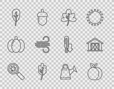 Yapraklı büyüteç, şeftali ağacı, yaprak ya da yaprak, rüzgar, su kutusu ve çiftlik evi ikonu. Vektör